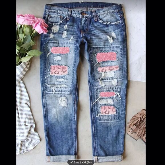 High Waisted Distressed Denim Jeans with Pink Patches, New XXL (14) - Picture 11 of 14